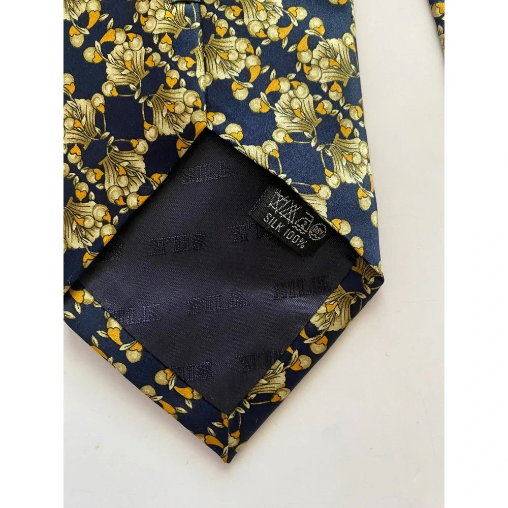 Laurant Benon Paris Mens Silk Tie Navy Blue Gold Floral Art Nouveau Pattern